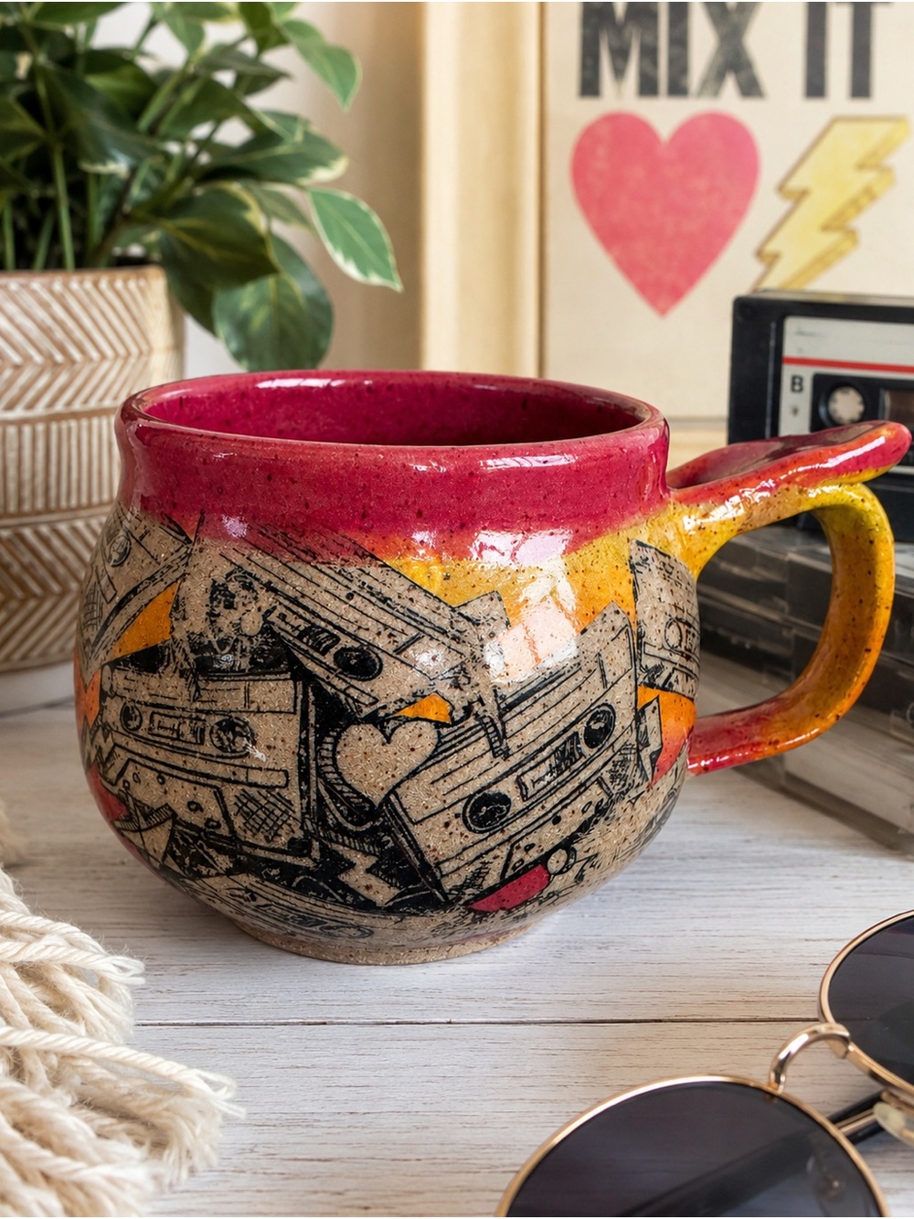 Handmade Studio Pottery Mixtape Mug Retro Cassette Coffee Cup Artisan Ceramic Bo